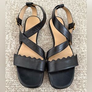 Chloé Black Leather Scalloped Cross-Strap Sandals